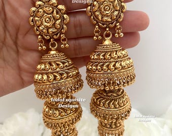 Premium Quality Gold plated triple jhumki statement Earrings with attached saharey/Kann chain/ Real gold look jhumki