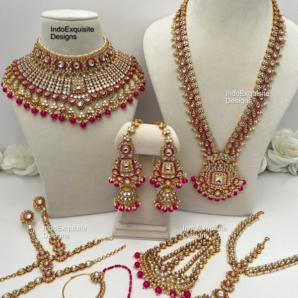 Cet élégant ensemble de mariée Kundan est livré avec tous les accessoires / Bijoux de mariée indiens / Bijoux kundan et Polki plaqués or de haute qualité