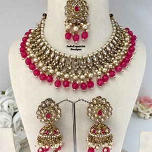 Antique Polki Necklace Set with Jhumki Earrings and tikka/ Indian Jewelry/ High Quality Kundan and Polki Jewelry