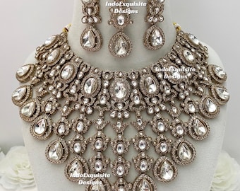 Premium Quality Kundan Statement Bridal set/Indian bridal jewelry/ Wedding and Reception necklace set/Mint Bridal set