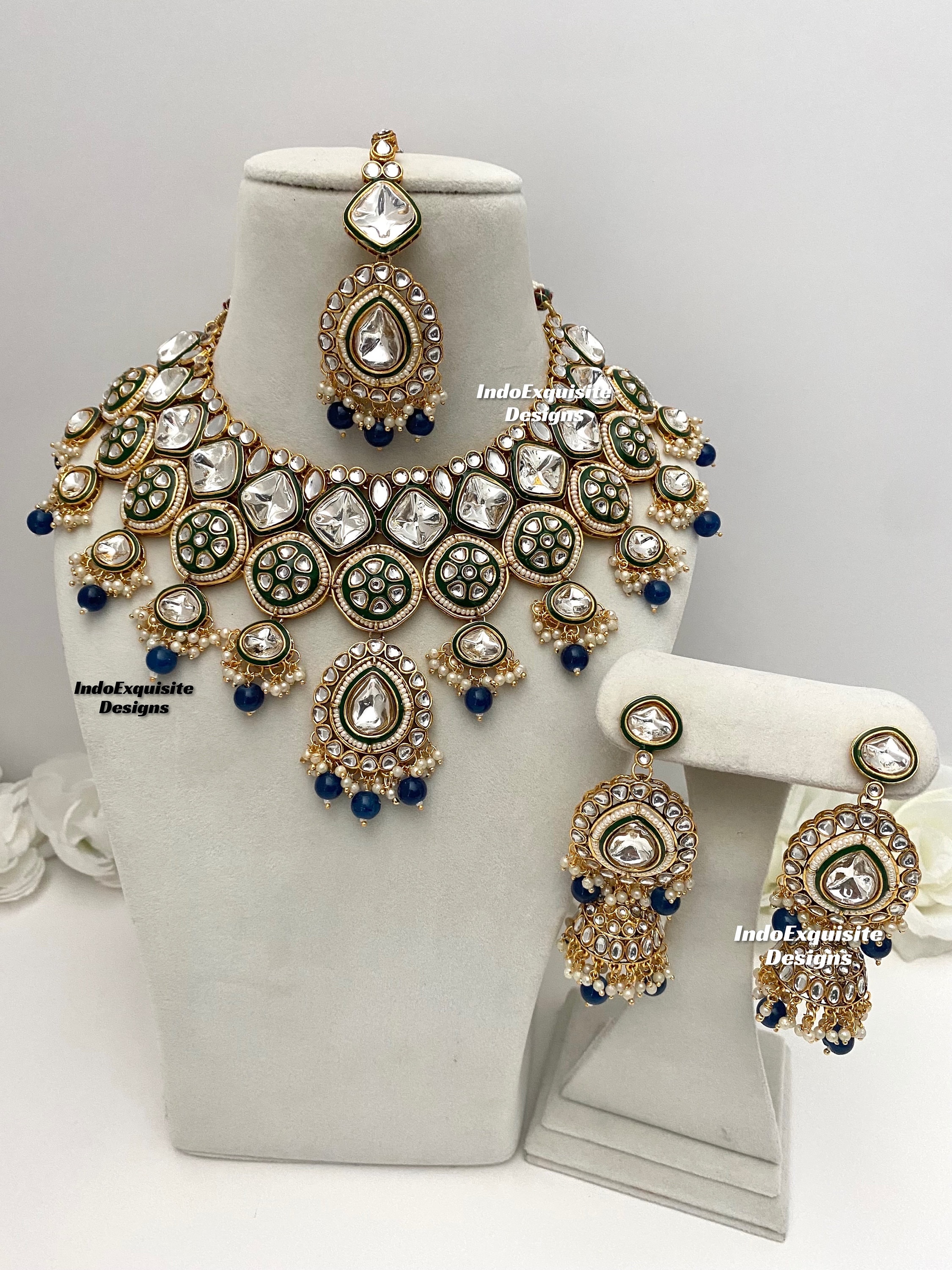 I Jewels Women's 18K Gold Plated Indian Wedding Necklace Set - Bollywood Kundan & Pearl Jewelry (Blue, Set Ml311)