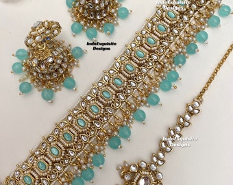 Gorgeous Kundan Choker Set/ Indian Jewelry/unique Kundan choker set/Indian jewelry set/Bridal jewelry/sky blue/firozi/feroza/turquoise