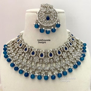 Polki Necklace Set in silver combination/ Indian Jewelry/ High Quality Kundan and Polki Jewelry/Bollywood Jewelry