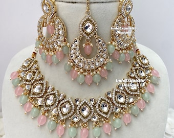 Kundan necklace/choker Set/Indian jewelry/Kundan Polki Necklace/High quality jewelry/Bollywood style necklace set/pink mint
