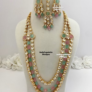 Bollywood style Kundan Raani haar/Pink mint long necklace/Indian Jewelry/ High quality kundan Mala Set/ bridal long Necklace