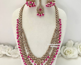 Antique gold Polki double layer Raani haar/ long Necklace/Indian Jewelry/ Bollywood jewelry/ bridal long Necklace/magenta/rani