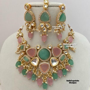 Kundan necklace/choker Set/Indian jewelry/Kundan Polki Necklace/High quality jewelry/Bollywood style necklace set/pink mint
