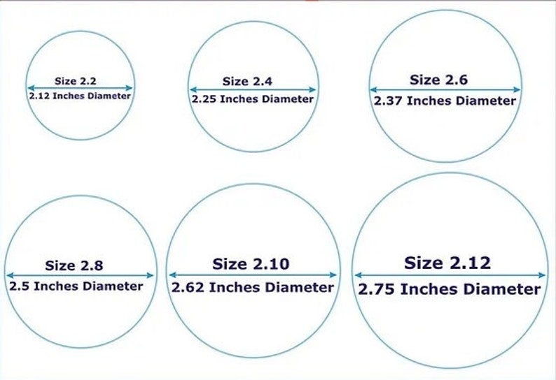 May include: Five different sizes of round stickers with measurements in inches. The sizes are 2.2, 2.4, 2.6, 2.8, and 2.10 inches in diameter.