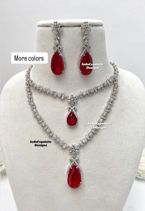 Double Layer American Diamond Silver Combination Necklace Set/cz