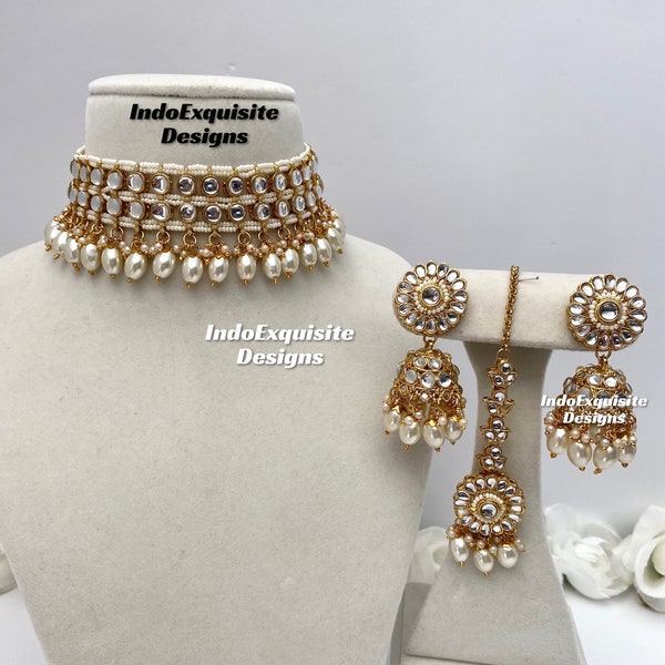 Kundan pearl Choker Set/Indian jewelry/Kundan Polki Necklace/High quality jewelry/Bollywood style choker set