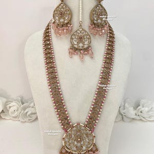 Designer MOP Polki Raani haar/Pink long Necklace/Indian Jewelry/ High quality kundan polki Mala Set/ Bollywood jewelry/ bridal long Necklace