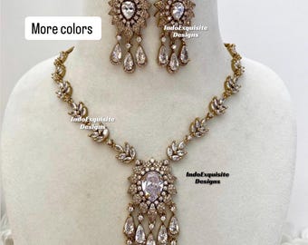 American Diamond Necklace Set in antique gold/CZ Necklace/Indian Jewelry/AD necklace/antique gold