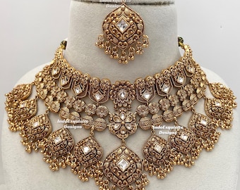 Premium quality Gold plated statement necklace set/bridal set/ Indian gold plated jewelry/Traditional Jewelry/Real Gold look necklace set