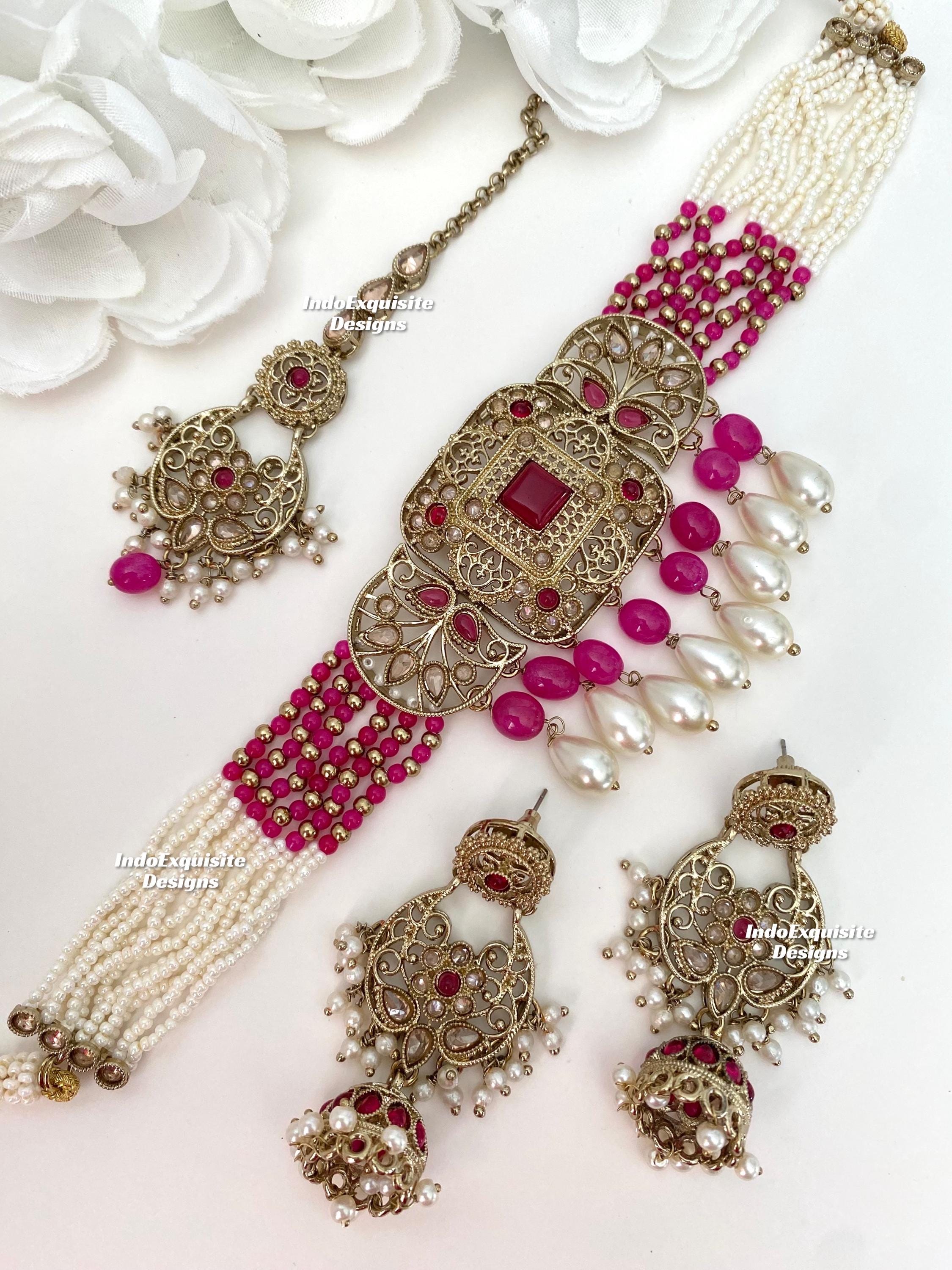 Exclusive Antique gold Polki Choker Set/Indian Jewelry/High quality kundan Polki jewelry/pearls choker set/fuchsia/magenta