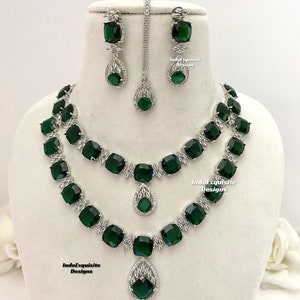 American Diamond Necklace Set / CZ Necklace/Indian Jewelry/double layered AD necklace/Silver Green