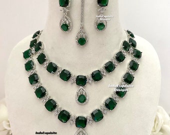 American Diamond Necklace Set / CZ Necklace/Indian Jewelry/double layered AD necklace/Silver Green