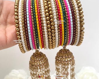 Juego de brazaletes multicolor con brazaletes Jhumki/Brazaletes para mehndi/sangeet y jago/Accesorios de boda indios/Brazaletes indios/Joyería india