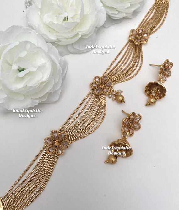 Premium quality Gold plated necklace set/Saharey/ear chains attached with Jhumki/ gold plated  jewelry/Real Gold look Jewelry