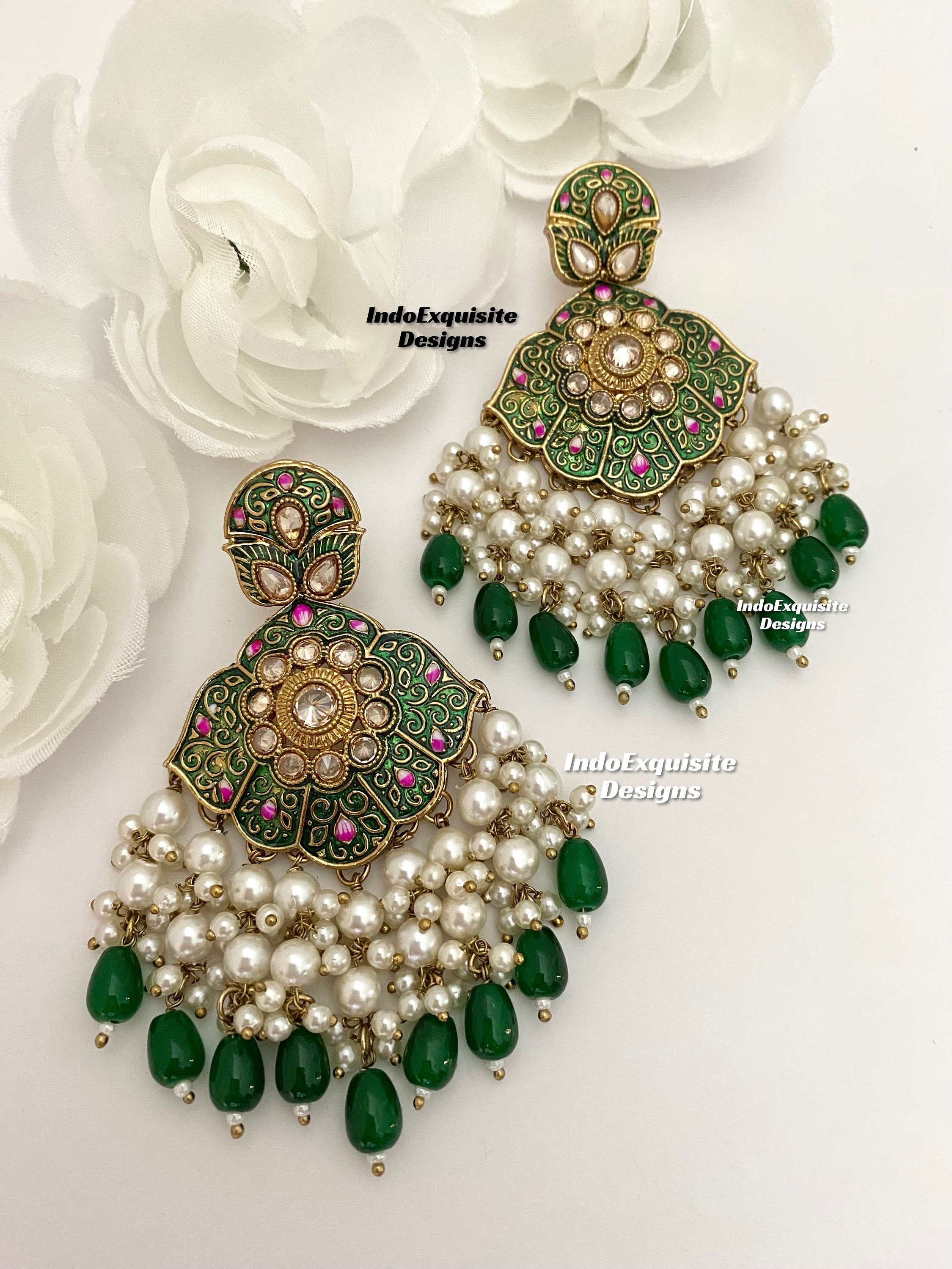 Boucles D'oreilles Style Bollywood Kundan Meenakari - Vert Et Perles, Créateur Indien - Neuf