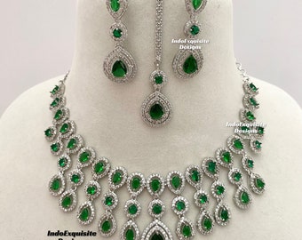 American Diamond Necklace Set in Silver Green / CZ Necklace/Indian Jewelry/ Reception Jewelry/ Bollywood Jewelry/Green