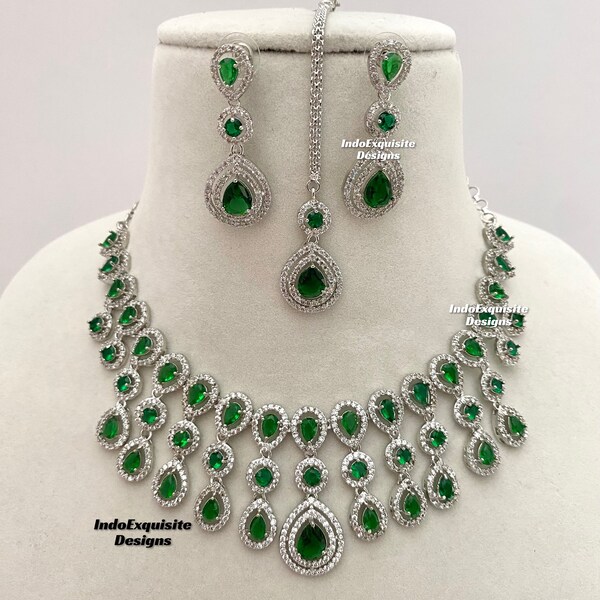 American Diamond Necklace Set in Silver Green / CZ Necklace/Indian Jewelry/ Reception Jewelry/ Bollywood Jewelry/Green