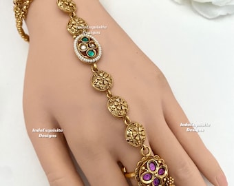 Premium Quality gold plated heritage hand pieces/hath Panja/Ring attached with bracelet /Indian Jewelry bridal accessories