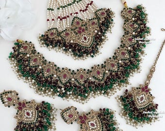 Elegant Antique gold Pakistani necklace Set/Pakistani bridal set with Jhoomer/ Passa/high quality jewelry/Reception/maroon green
