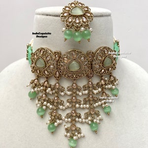 Elegant Antique gold Polki Choker Set/Indian Jewelry/High quality kundan Polki jewelry/pearls choker set/mint/pista/sage green