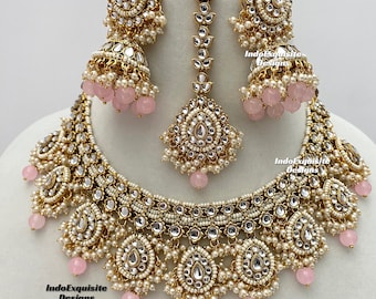 Conjunto de collar Kundan/joyería india/collar Kundan Polki/joyería de alta calidad/conjunto de collar estilo Bollywood/conjunto de collar moderno/rosa
