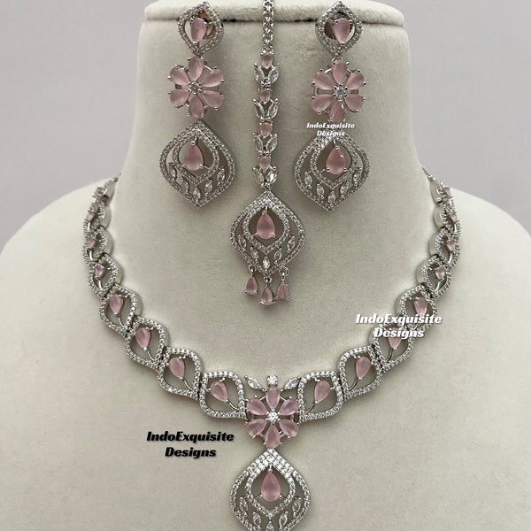 Parure de collier avec diamants américains/Collier CZ/Bijoux indiens/Bijoux de réception/Bijoux Bollywood/Rose argenté