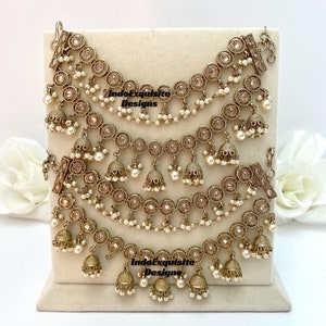 Elegant Antique Gold Polki 3 layers jhumki saharey (pair)/ kann chain/Bahubali chains/Indian Jewelry hair accessories