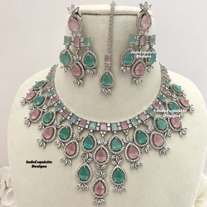 American Diamond Necklace Set / CZ Necklace/ Reception Jewelry/ Bollywood Jewelry/ Statement Necklace Set/Silver Pink Mint/Silver Pink Pista