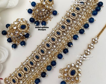 Superbe ensemble ras de cou Kundan/Bijoux indiens/Ensemble ras de cou Kundan unique/Parure de bijoux indiens/Bijoux de mariée/bleu marine