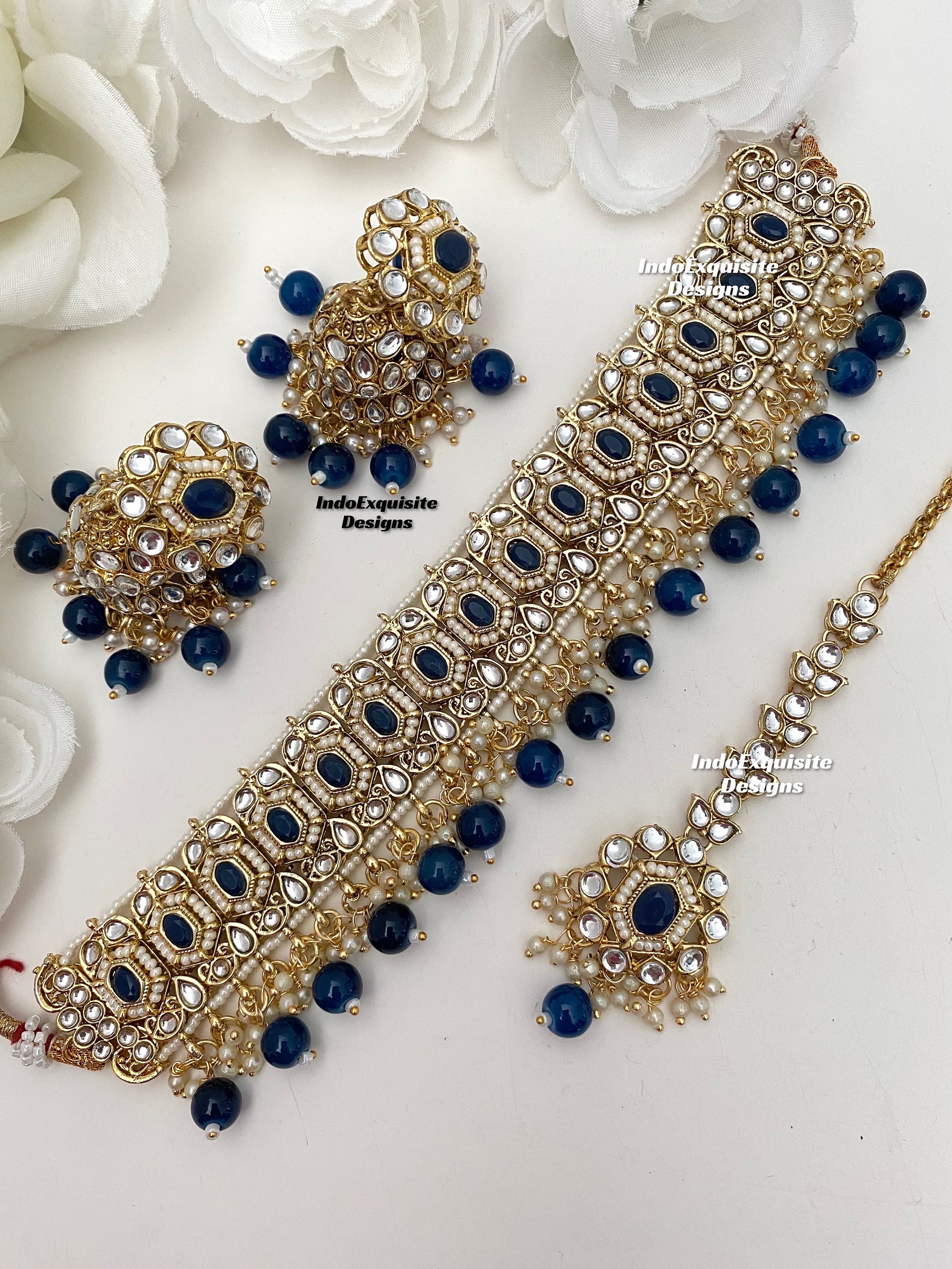 Choker Necklace Royal Blue Indian Jewellery Set Indian Jewelry
