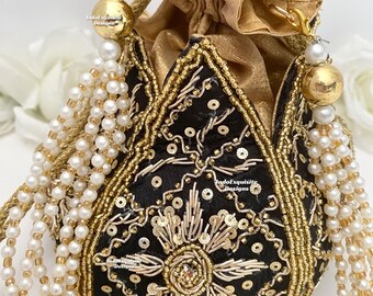 Gorgeous Handcrafted Embroidered Black Lotus Potli Bag with beaded chains/ Evening Bags/ Embroidered Handbags/Lotus Potli Bag