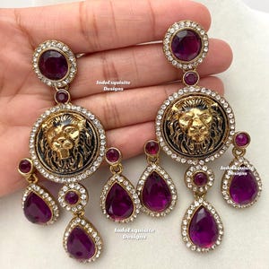 Sabyasachi inspiired lion Statement Earrings/Indian Jewelry/Bollywood Jewelry/trendy Jhumki earrings Purple