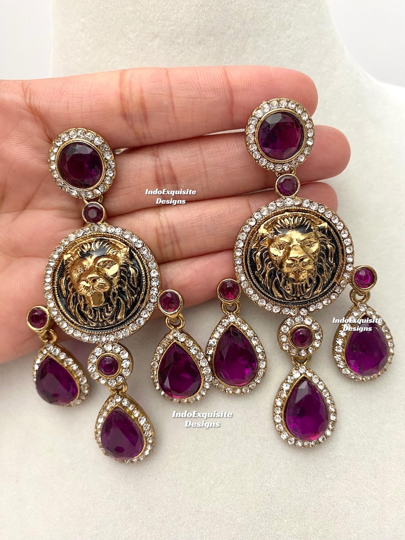Sabyasachi inspiired lion Statement Earrings/Indian Jewelry/Bollywood Jewelry/trendy Jhumki earrings Purple