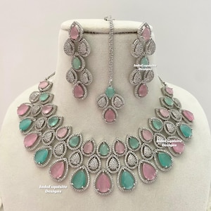 American Diamond Necklace Set/CZ Necklace/Indian Jewelry/ Reception Jewelry/ Bollywood Jewelry/Statement Necklace Set/silver pink mint