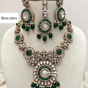 Premium Quality Sabyasachi inspired Victorian base Monalisa stones Kundan Statement necklace set/Indian Jewelry/Reception Necklace set