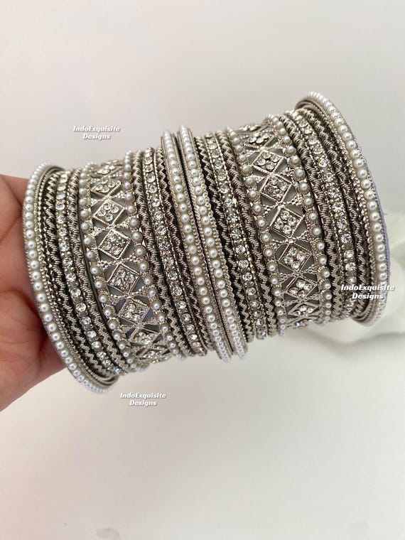 Silver Color Bangles Set/pearls and Stones Kade Set/indian Wedding