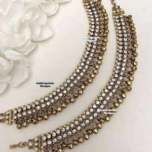 Antique Indian Ghungroo Anklets with double line white stones/Payal/Punjabi Jhanjra/Indian bridal payal/Bells Anklet/ Payal/Panjeb/anklets