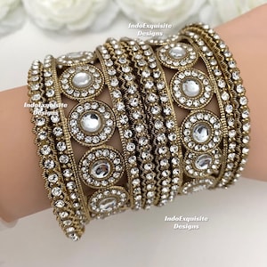 Antique gold bangles set with white stones kade set/Indian Wedding jewelry/Indian Bangles/ Kangan/ Gajre /bracelets
