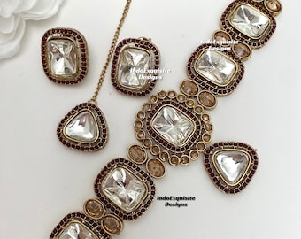 Premium quality kundan Choker Set/ Indian Jewelry/unique Kundan choker set/Indian jewelry set/Bridal jewelry/maroon