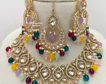 Kundan necklace/choker Set/Indian jewelry/Kundan Polki Necklace/High quality jewelry/Bollywood style necklace set/multi/rainbow