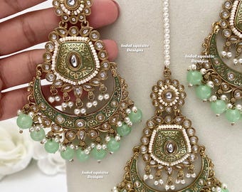 Premium Quality Kundan Meenakari Statement Earrings and Tikka Set/ Indian Jewelry/ Bollywood Jewelry/ High Quality Jewelry/