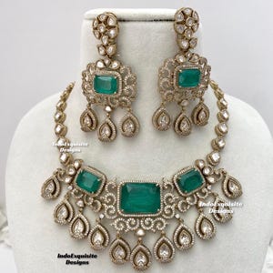 Green premium quality doublet stone Sabyasachi inspired moissanaite Kundan Polki necklace with american diamond stone/statement necklace
