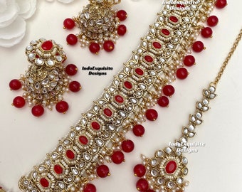 Superbe ensemble ras de cou Kundan/Bijoux indiens/Ensemble ras de cou Kundan unique/Parure de bijoux indiens/Bijoux de mariée/rouge