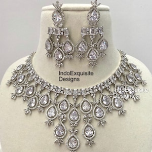 American Diamond Necklace Set /CZ Necklace/Indian Jewelry/ Reception Jewelry/ Bollywood Jewelry/ Statement Necklace Set/Silver AD set