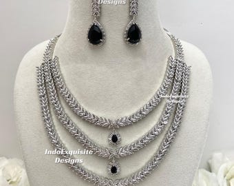 American Diamond triple layer Necklace Set/CZ Necklace/Indian Jewelry/Statement AD necklace set/Reception necklace/Multi layered AD necklace