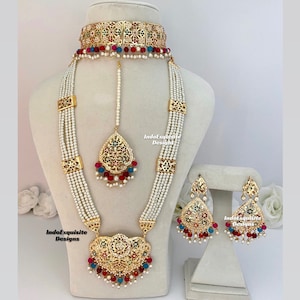 Jadau choker set and Rani haar combo/ Indian bridal set/Punjabi Jadau Necklace Set/Hyderabadi jewelry/ Jadau choker and pearls Rani haar